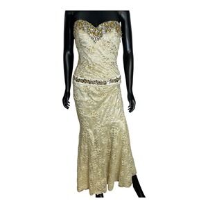 Terani Y2K Champagne Gold Lace Rhinestone Beaded Mermaid Prom Gown Sz 4